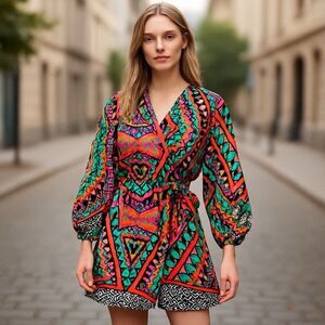 Alexia Admor Wrap Dress Womens M Multicolor Balloon Sleeve Tie Waist Boho Chic